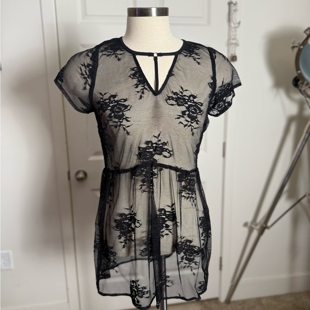 Black Sheer Floral Lace Top